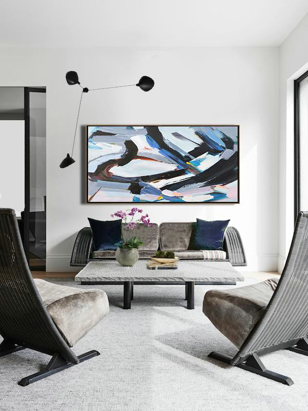 Original Artwork Extra Large Abstract Painting,Horizontal Palette Knife Contemporary Art Panoramic Canvas Painting,Extra Large Artwork,White,Blue,Black,Grey.etc